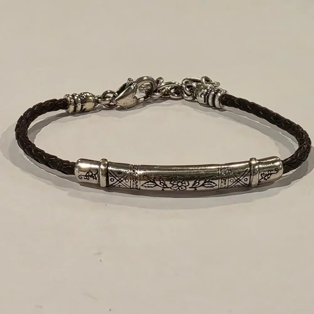Brighton Leather Braided Bracelet with Etched Silver Tone Barrel Accent Clasp